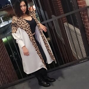 Leopard Trim White Long Coat - Women's Fashion Jacket